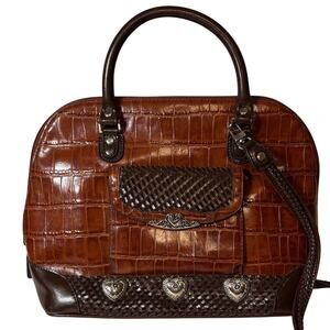 Marc Chantal Leather Satchel Brown Croc Embossed Woven Crossbody Handbag